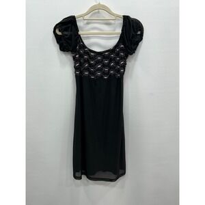 Current Mood Babydoll Dress Womens M Embroidered Puff Sleeve Black Sheer Y2K